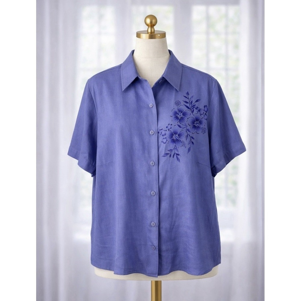 Style & Company Linen Button Up Top Embroidered Purple Tailored Collar Top Sz 16